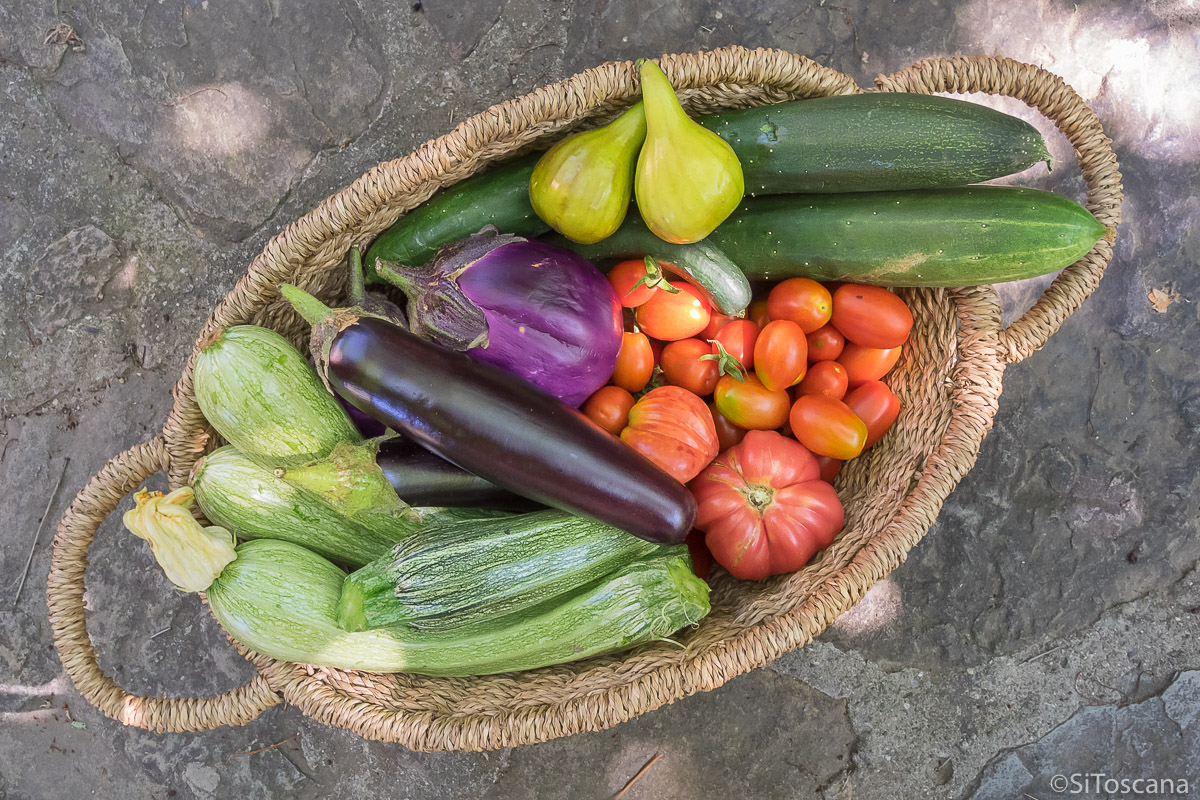 Bildet viser en bastkurv full av nyplukkete grønnsaker. Kurven står på et hellebelagt gulv i Toscana.