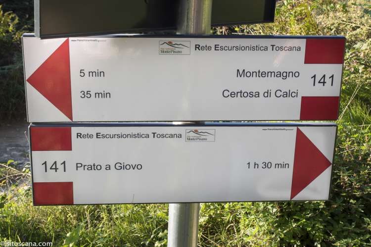 Bildet viser skilt for merkede turstier i Toscana. SiToscana formidler ferieboliger som egner seg når man vil nyte friluftsliv med gåturer og sykkelturer. 