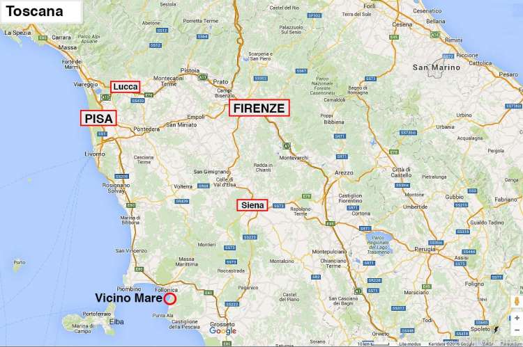 Bildet viser kart med beliggenheten til feriehuset Vicino Mare nært Middelhavet.