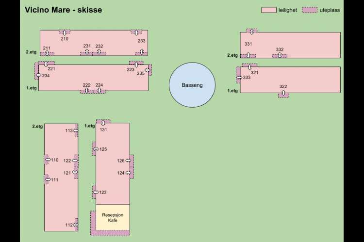 Bildet viser oversiktskart over beliggenhet til leilighetene på eiendommen til Vicino Mare. Feriehus som passer bra for barnefamilier.