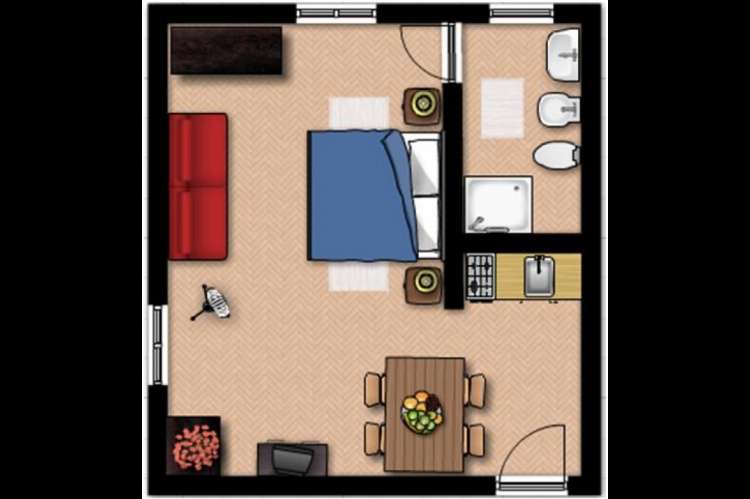 Skisse over rom i leiligheten Melograno. Planskisse. Foto