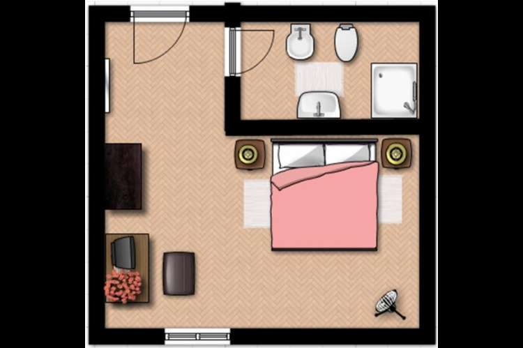 Skisse over rommet Nocciolo med bad. Planskisse. Foto