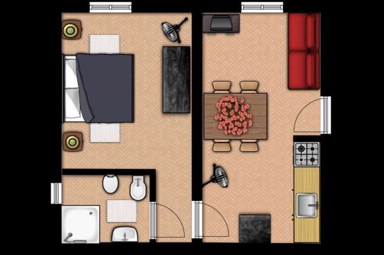 Skisse over rom i leiligheten Sughera. Planskisse. Foto