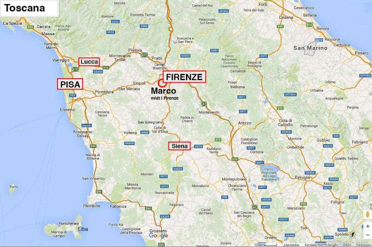 Kartutsnitt av Toscana med ring rundt stedet hvor leiligheten Marco ligger. Foto.