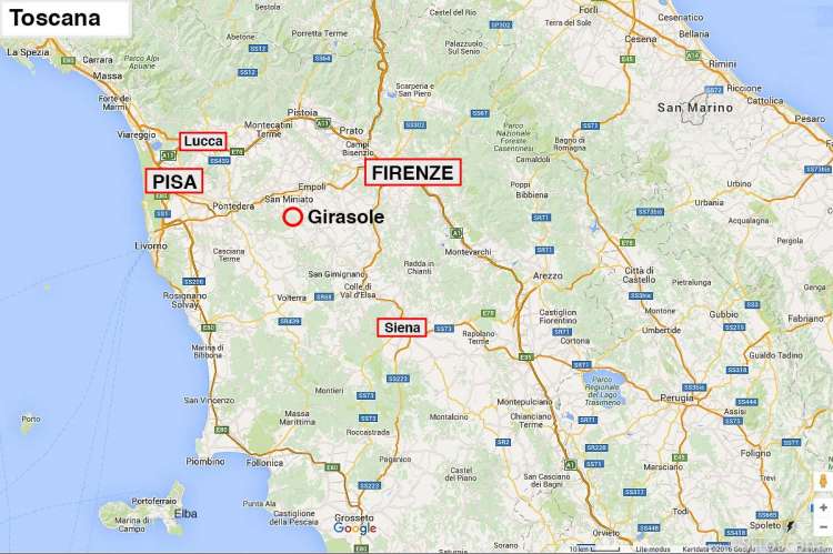 Kartutsnitt av Toscana med ring rundt landsbyen Collegalli i Montaione hvor På feriebostedet Girasole, vingård med 10 leiligheter og gangavstand til landsby ligger.
