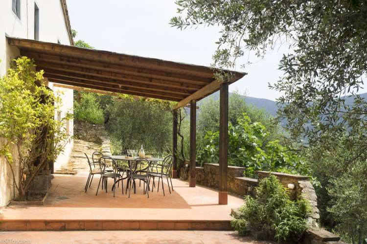 Bildet viser terrassen på Villa Pace, med utsyn mot fjellene Monte Pisani. Feriehus ved landsbyen Calci, ved Pisa.