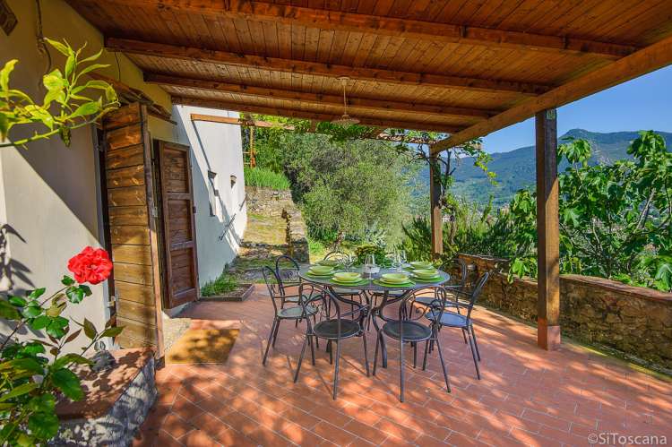 Bildet viser terrassen på Villa Pace. Feriehus ved landsbyen Calci, ved Pisa.