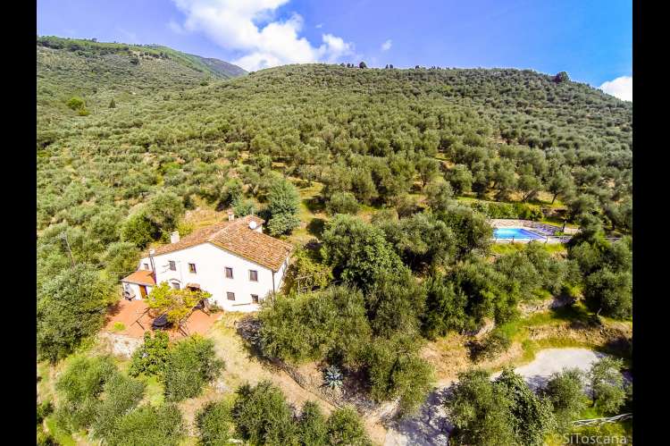 Bildet viser luftfoto av Villa Pace. Feriehus i åssiden ved landsbyen Calci, ved Pisa.