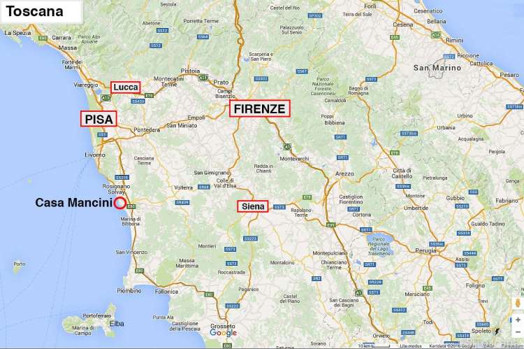 Casa Mancini ligger i badeby sør for Pisa. Bildet viser kart over beliggenheten til feriehuset Casa Mancini i Toscana.