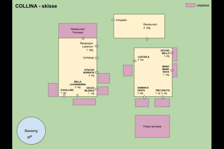 Oversiktskart leiligheter på Collina. Planskisse av feriehusene på vingården der ferieleilighetene er avtegnet.