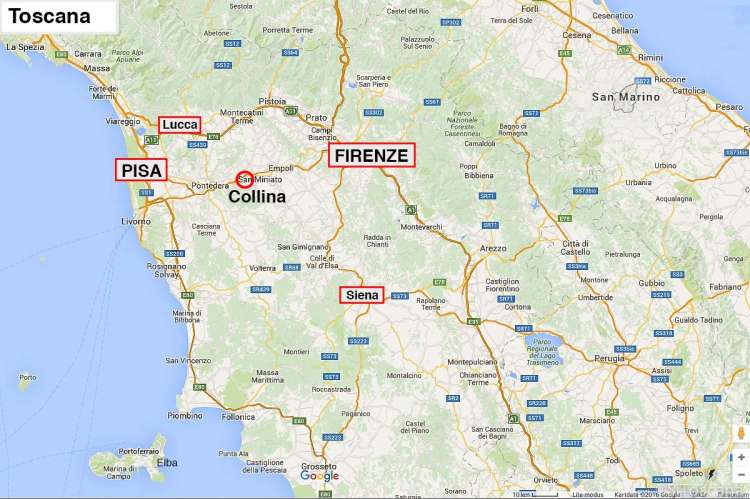 Det er korte avstander i Toscana. Det tar bare 1 time med bil eller tog mellom Pisa og Firenze. Kartskisse som vier beliggenheten til vingården midt mellom Pisa og Firenze. Kort bilavstand også til Lucca og Siena.