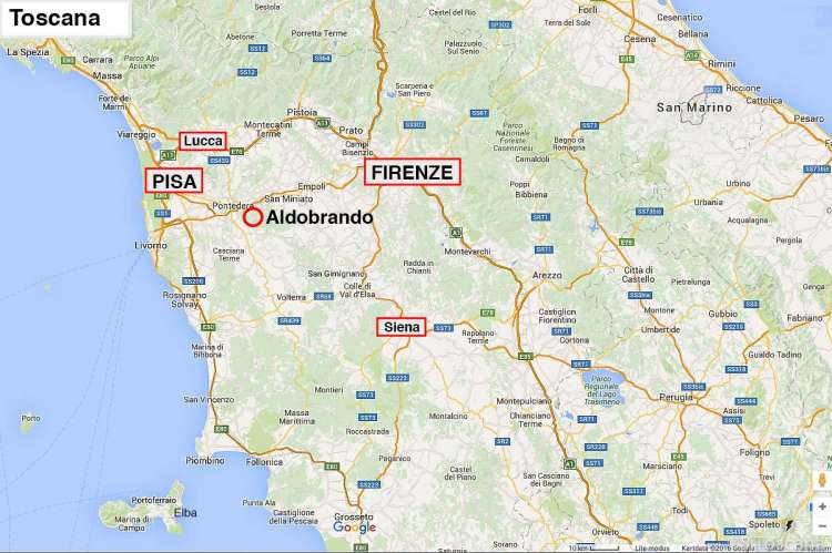 Kartskisse som viser plassering av feriehuset i Toscana. Nærhet til Pisa, Lucca, Firenze og kysten.