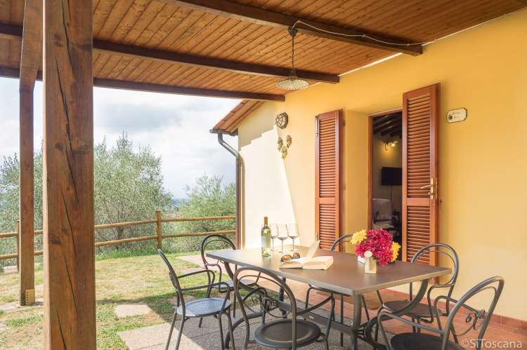 Bildet viser terrassen og inngangen til feriehuset Villa Noce med privat basseng i Toscana.