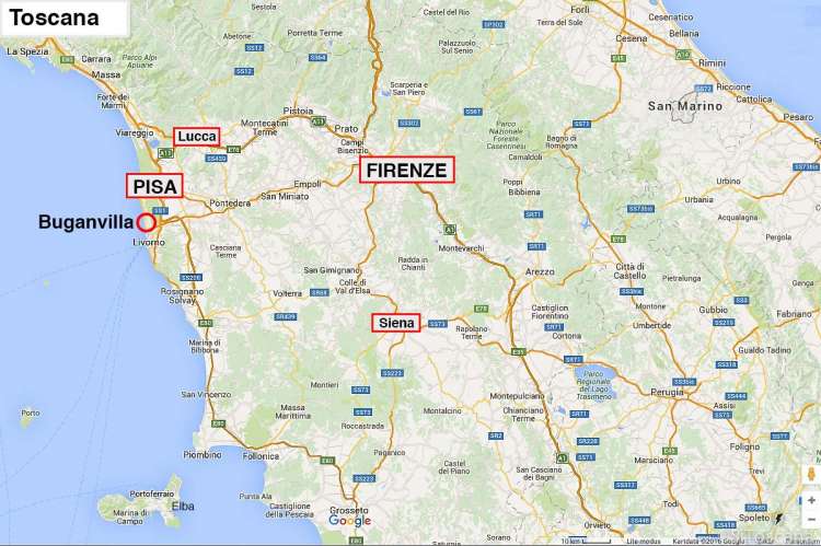 Bildet viser kart med beliggenheten til feriehuset Buganvilla i gangavstand til strand.