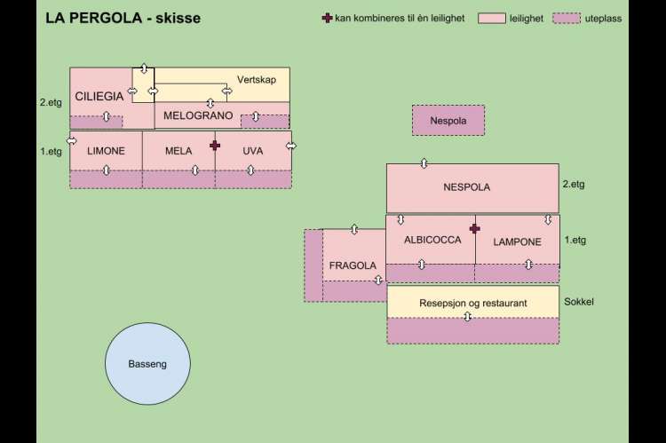Bildet viser skisse med beliggenhet av leilighetene på feriebostedet La Pergola ved Pisa i Italia.