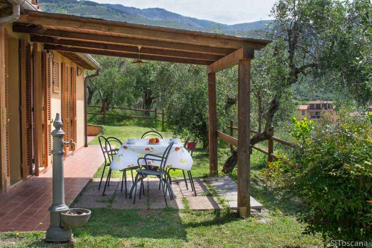 Bildet viser terrasse under tak i feriehuset Villa Verde.