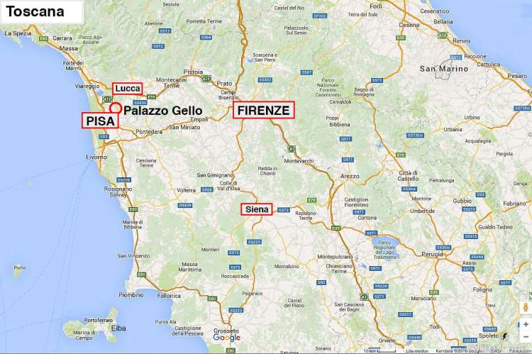 Bildet viser kartskisse over Toscana der Palazzo Gello er avmerket. Kort vei til Pisa, Lucca og Firenze.