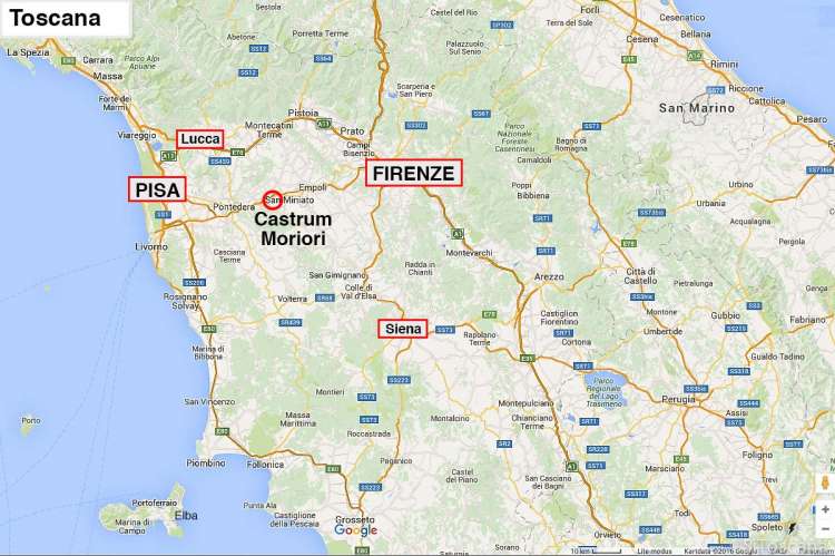 Bildet viser kart over Toscana med byen San Miniato avmerket. Kort vei til Pisa, Lucca og Firenze. Villa Castrum Moriori i Italia.
