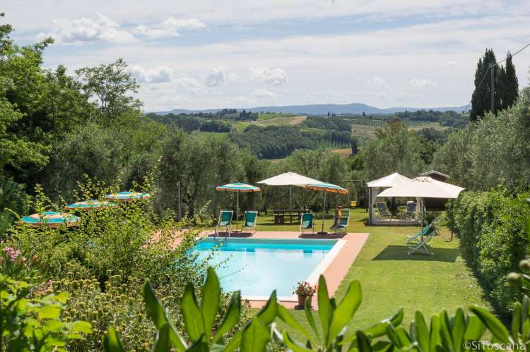 Foto av svømmebasseng og grøntområder på vingården Terra di Toscana i vindistriktet Chianti. 