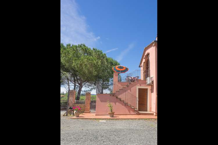 Bildet viser vingården med trapp opp til den solrike terrassen til ferieleiligheten Vinsanto. 