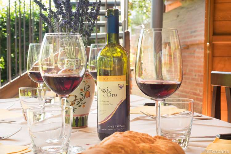 Foto av vingårdens egen vin i glass og flaske. Terra di Toscana i Chianti.