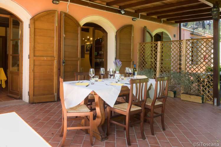 Foto av spiseplass på den store terrassen som egner seg perfekt for grupper av venner som vil feriere sammen i Toscana.