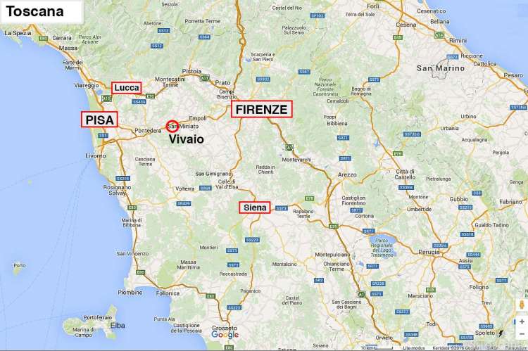 Det er korte avstander i Toscana. Det tar bare 1 time med bil eller tog mellom Pisa og Firenze. Bildet viser kart over Toscana med plassering til ferieleilighetene på Vivaio mellom Pisa og Firenze.