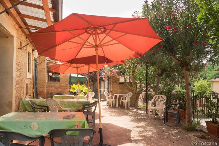Bildet viser terrasse med uteplasser med bord, stoler og parasoller foran ferieleilighetene i hovedhuset på vingården Borgo Etruschi.