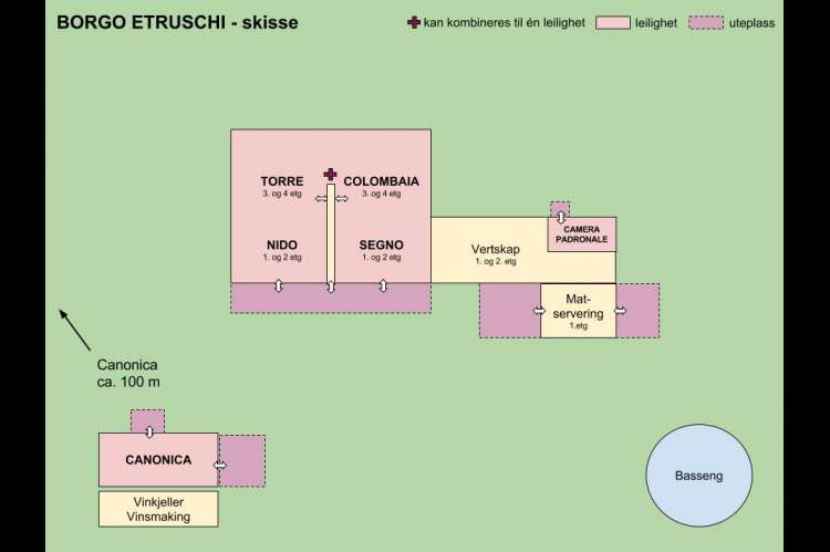 Bildet viser skisse over ferieleilighetene på vingården Borgo Etruschi, sentralt i Toscana. Uteplasser er også avtegnet. 