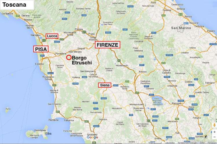 Bildet viser kartskisse over plassering av feriehuset Borgo Etruschi  i forhold til Firenze, Pisa, Lucca i Toscana.