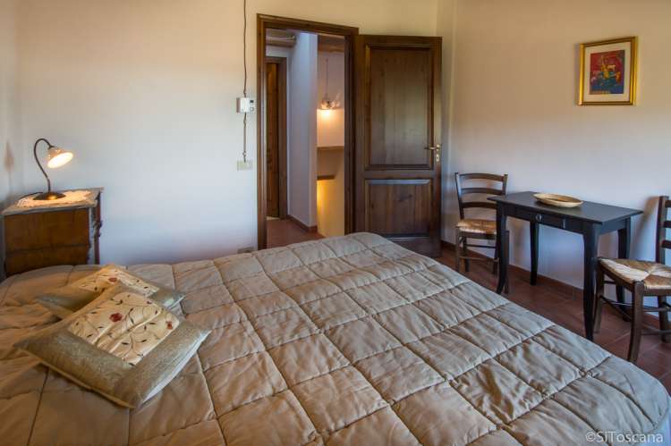 Soverommet i 2. etg. Soverom i øverste etasje i feriehuset. Gang med dør til badet i bakgrunnen. Bilde.