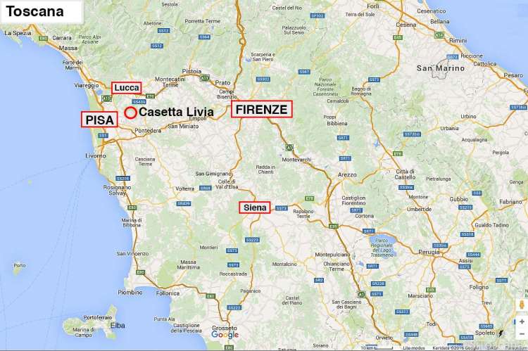 Det er korte avstander i Toscana. Det tar bare 1 time med bil eller tog mellom Pisa og Firenze. Kartskisse der Casetta Livia er inntegnet nært Pisa, Lucca og Firenze. Flyplass bare 20 minutter med bil.