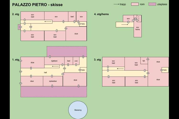 Bildet viser planskisse over feriehuset Palazzo Pietro i Toscana, Huset ligger mellom Pisa og Firenze.