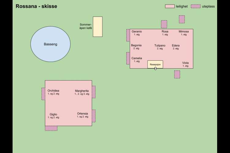 Bildet viser skisse over feriebosted i landsby i Toscana.