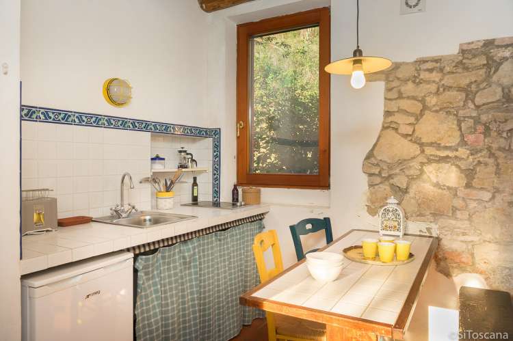 Bildet viser kjøkken med spisebord i ferieleilighet på olivengård nært Pisa.