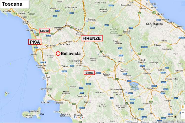 Bildet viser kart over Toscana med feriehus.