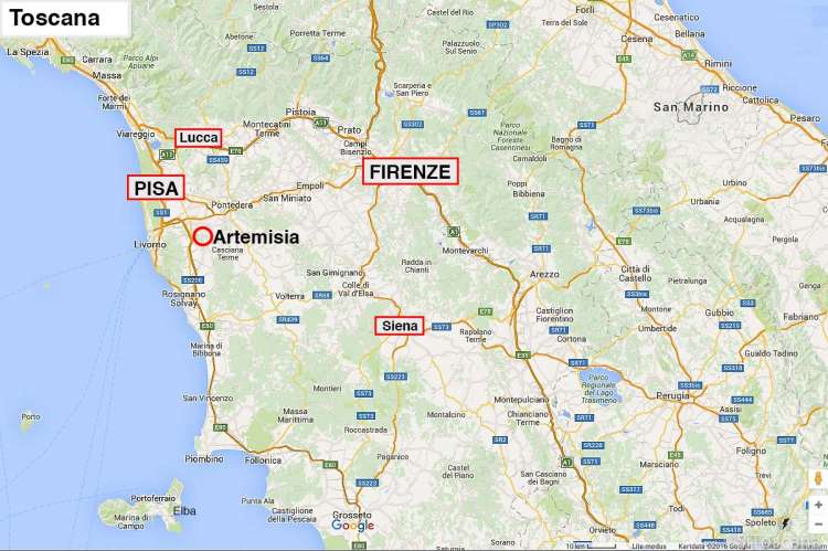 Kartskisse der ferieboligen Artemisia er inntegnet like sør for Pisa. Nærhet til internasjonal flyplass og byene Firenze og Lucca.. 