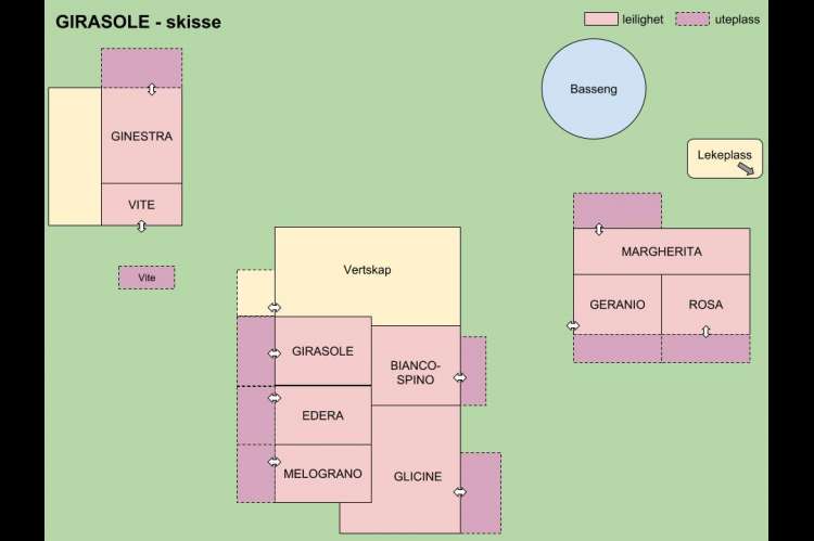 Skisse over ferieleilighetene på Girasole, vingård med 10 leiligheter og gangavstand til landsby.