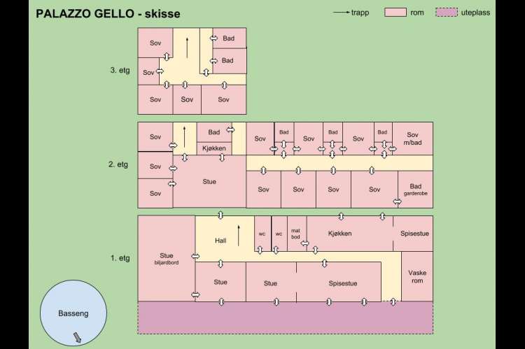 Bildet viser skisse med beliggenhet av rom på feriebostedet Palazzo Gello.