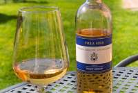 Bildet viser en vinflaske og et vinglass med hvitvin.