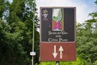 Bildet viser et veiskilt for Strada del vino delle Colline Pisane – en  av de mange merkede vinveiene i Toscana.