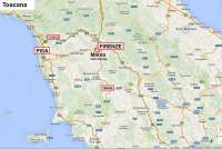 Kartutsnitt av Toscana med ring rundt stedet hvor leiligheten Marco ligger. Foto.