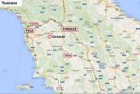 Kartutsnitt av Toscana med ring rundt landsbyen Collegalli i Montaione hvor På feriebostedet Girasole, vingård med 10 leiligheter og gangavstand til landsby ligger.