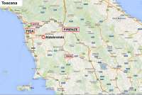 Kartskisse som viser plassering av feriehuset i Toscana. Nærhet til Pisa, Lucca, Firenze og kysten.