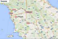 Kartutsnitt av Toscana med ring rundt middelalderlandsby hvor ferieleilighetene La Pergola ligger.