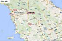 Bildet viser kartskisse over Toscana der Palazzo Gello er avmerket. Kort vei til Pisa, Lucca og Firenze.