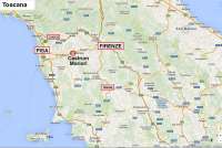 Bildet viser kart over Toscana med byen San Miniato avmerket. Kort vei til Pisa, Lucca og Firenze. Villa Castrum Moriori i Italia.