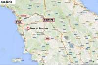 Kartskisse som viser plassering av vingården i Toscana. Nærhet til Pisa, Lucca, Firenze og kysten.