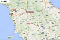 Det er korte avstander i Toscana. Det tar bare 1 time med bil eller tog mellom Pisa og Firenze. Bildet viser kart over Toscana med plassering til ferieleilighetene på Vivaio mellom Pisa og Firenze.