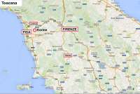 Kartskisse av Toscana. Ferieboligen ligger nært kysten og med kort avstand til Firenze, Lucca og Pisa der det er flyplass.